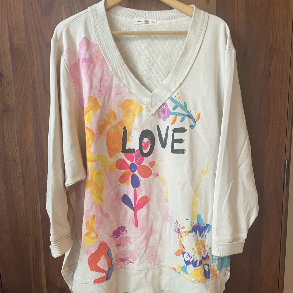 Natural Life-LOVE Floral Graphic V-Neck Sweatshirt - Cream with Multicolor Print
